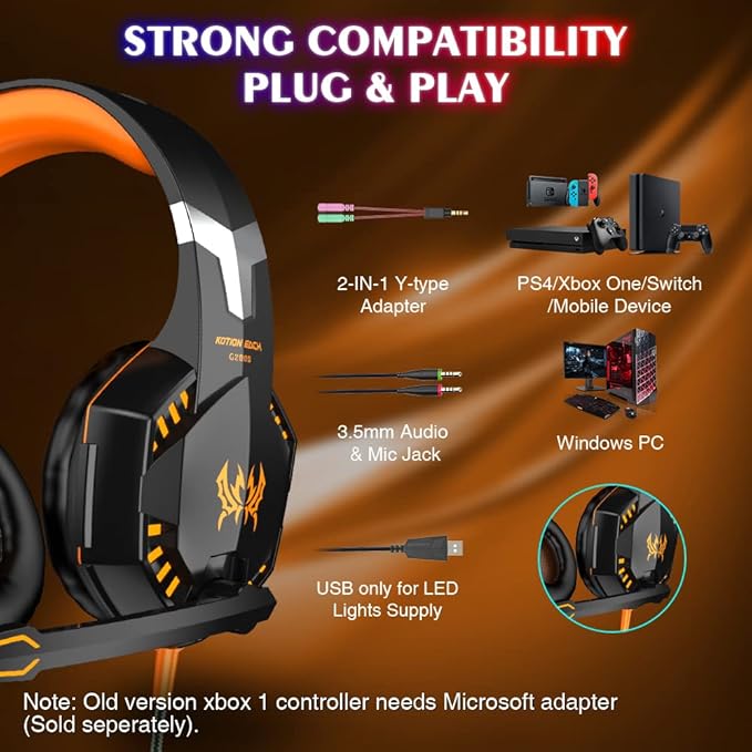 VersionTECH. G2000 Gaming Headset, Bass Surround Gaming Headphones with Noise Cancelling Mic, LED Lights, Soft Memory Earmuffs for PS5/ PS4/ Xbox One Controller/Laptop/PC/Mac/Nintendo NES Games-Yellow