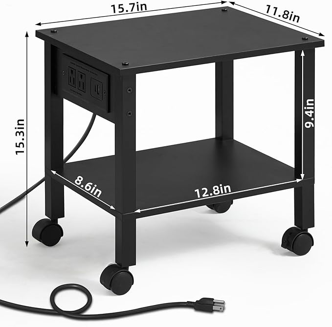 YUFAM 2 Tier Under Desk Printer Stand with Storage, Small Printer Table with Charging Station, Rolling Printer Cart Shelf with Lockable Wheels for Home, Office (Black)