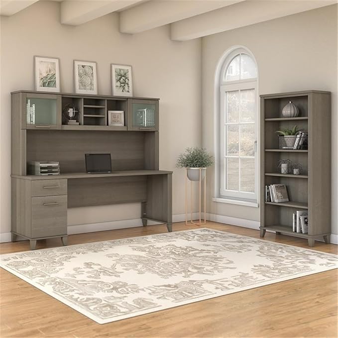 Pemberly Row 72W Office Desk with Hutch and 5 Shelf Bookcase, Ash Gray Engineered Wood, Frosted Glass Doors, Adjustable Shelves, Wire Management, Spacious Work Surface for Home Office Use