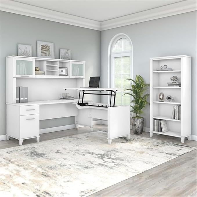 Pemberly Row Sit to Stand L Desk with Hutch and Bookcase, 72W Engineered Wood Office Set, White Finish, Height Adjustable Return, Frosted Glass Doors, 5 Shelf Bookcase, Ergonomic Home Office Furniture