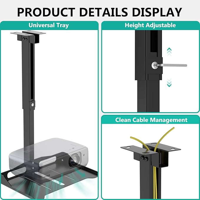 WALI Projector Ceiling Mount Tray, Height Adjustable Wall Mount Holder for Projectors, Hidden Cable Management, Fits Projectors up to 22lbs, 13.7" x 8.6" Platform, Black (PM-005-B)