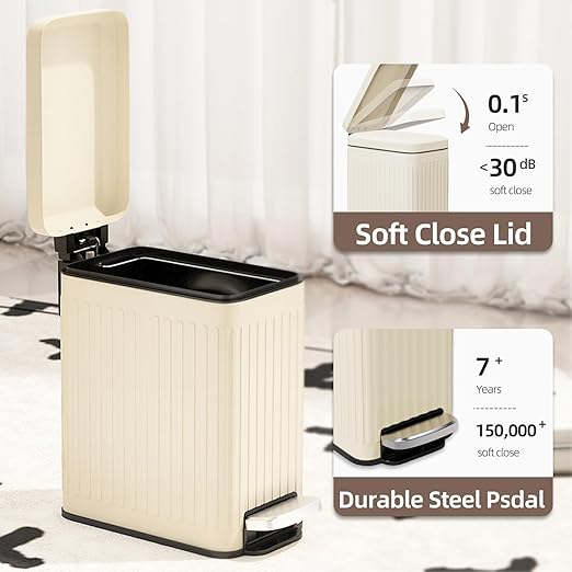 Bathroom Trash can with lid Soft Close, 6 Liter/1.6 Gallon Step Pedal Stainless Steel Garbage Can, Small Wastebasket for Toilet, Office, Bedroom, Kitchen (Beige)
