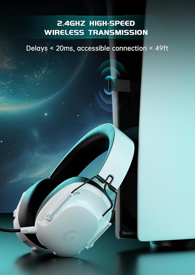 Wireless Gaming Headset for PS5, PC, PS4, Switch, Gaming Headset with Detachable Noise Cancelling Mic, 2.4GHz & Bluetooth 5.3 Dual Connection, 7.1 Surround Sound, White