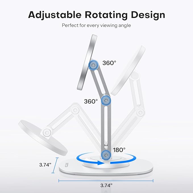 OMOTON 360°Rotating Magnetic Phone Stand for Desk, Adjustable Foldable Aluminum for MagSafe Cell Phone Stand Holder with Non-Slip Base, for iPhone 17/16/15/14 Pro Max Air/MagSafe Case, White