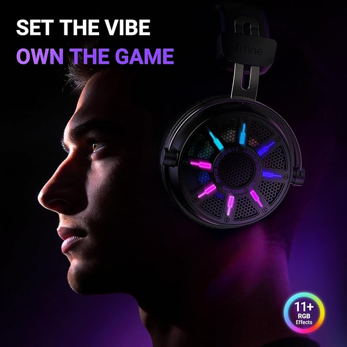 FIFINE Wired Open Back Gaming Headset, Open Acoustic Audio, Breathable Mesh Fabric, 7.1 Surround Sound, Vibrant RGB, USB Control Box, Over-Ear Headphone with Mic for PC, PS5/PS4, Laptop, Mac - H19BP