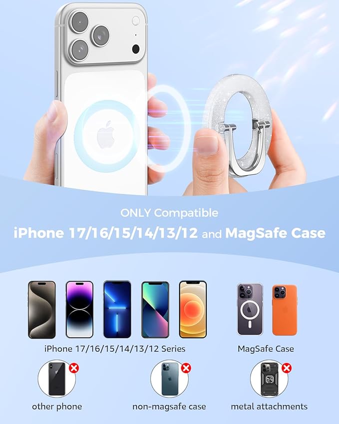 SUPERONE for MagSafe Phone Grip, Adjustable Magnetic Phone Ring Holder Removable Finger Phone Ring Kickstand Compatible with MagSafe Accessories Only for iPhone 17 & 16 & 15 & 14 & 13 & 12 (Silver)
