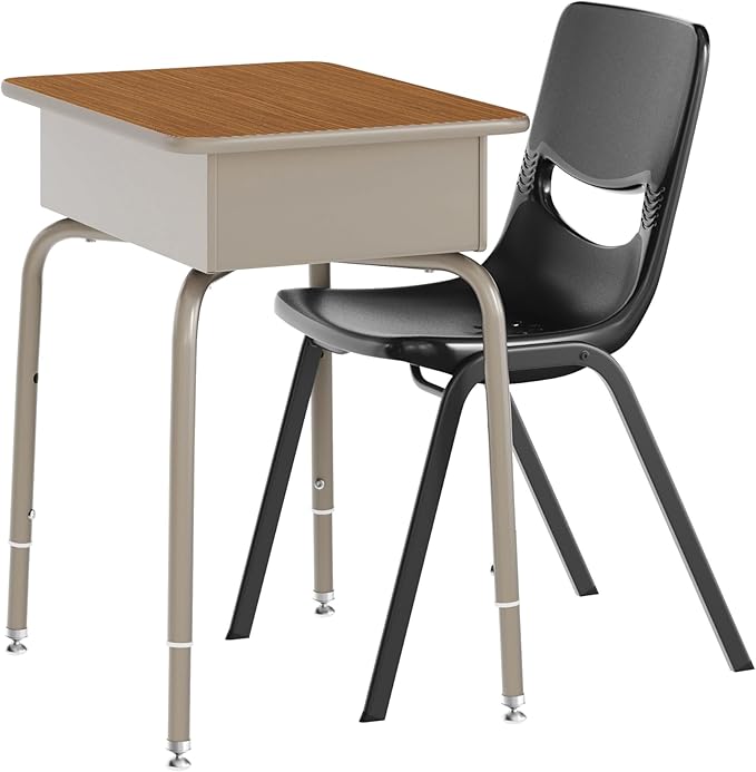 EMMA + OLIVER Jacobs Desk/Stackable Ergonomic Chair Set, Flex Comfort Seat Back, Adjusting Desk Legs, Metal Open Front Storage Box, Walnut Desktop/Black Chair