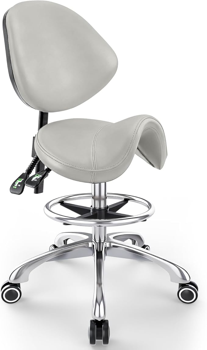 Saddle Chair with Back Support - Tilted Backrest, Adjustable Foot Rest, 350 LBS Capacity Ergonomic, 360° Swivel Drafting Chair for Salon,Spa, Massage, Tattoo, Facial lash, Home, Dentist（Grey）