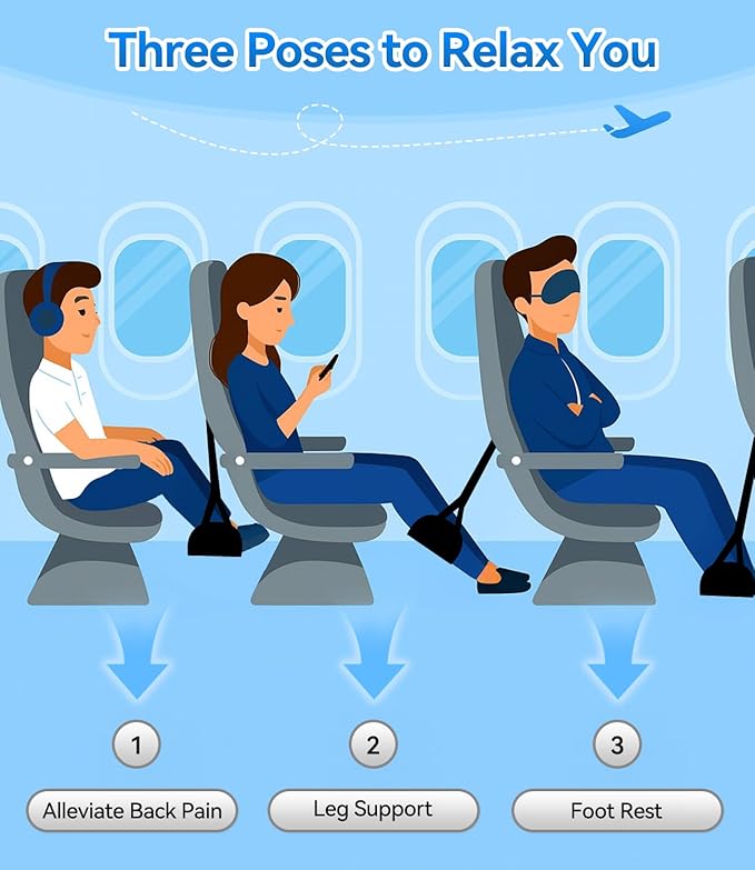 Portable Airplane Foot Hammock(Memory Foam)-Ultimate Comfort Bundle w/Sleep Mask & Ear Plugs, Foot Hammock for Plane Travel Essentials to Relax Your Feet, Airplane Foot Rest for Plane Travel 06