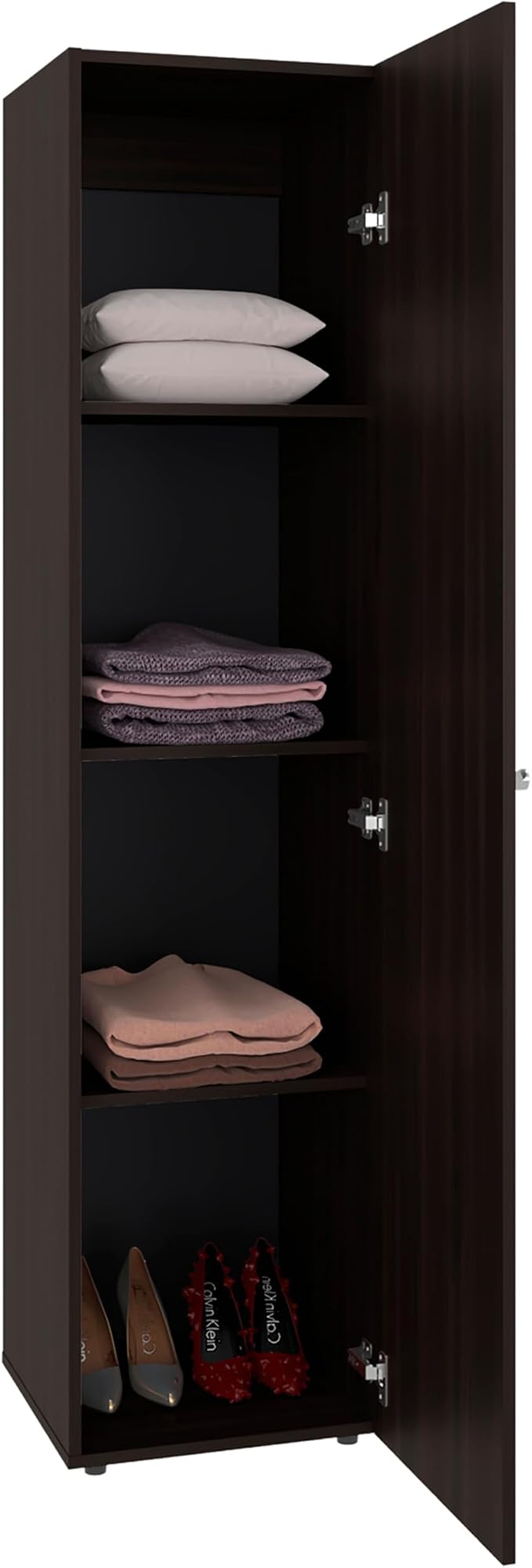 Stained Walnut Storage Cabinet with Mirror Integrated full-length mirror enables effortless head-to-toe styling and quick outfit checks right next to hanging clothes and folded garments for convenie