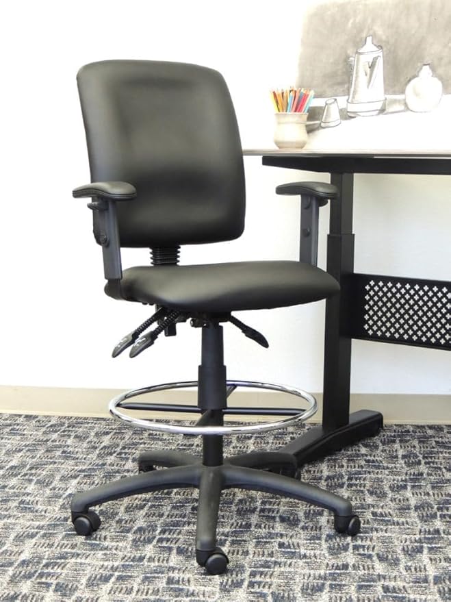 Pemberly Row Multi-Function Leather Drafting Stool, Adjustable Arms, Black Upholstery, Chrome Footring, Hooded Casters, 48" H x 27" W x 35.5" D, Ergonomic Office Chair for Workspace or Studio Use