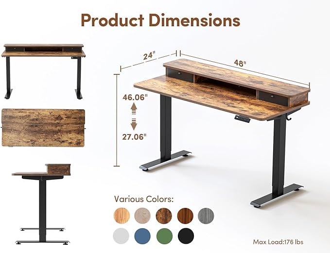 BANTI 48x24 Inch Electric Standing Desk with Dual Drawers, Height Adjustable Stand Up Table, Sit Stand Home Office Desk with Storage Shelf, Black Frame/Rustic Brown Top