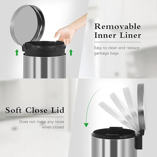 Bigacc Small Trash Can, Mini Stainless Steel 6 Liter/1.6 Gallon Bathroom Trash Can Step Garbage Can Round Trash can with Lid w/Removable Inner Bucket Waste Basket for Bathroom Kitchen Office
