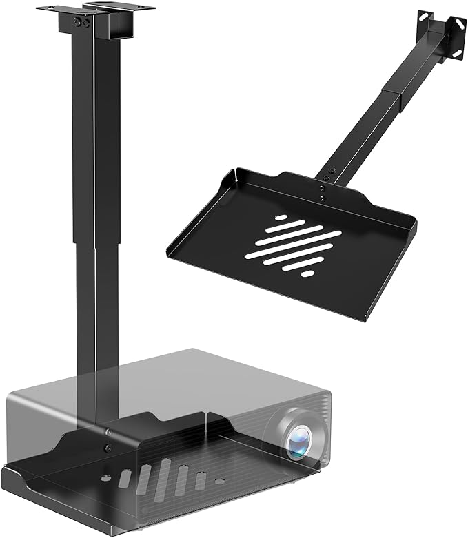 Projector Ceiling Mount with Tray, Adjustable Height Universal Bracket with Concealed Cable Management, No Hole Installation, Holds up to 22 lbs – Ideal for Home Theater & Office (Black)