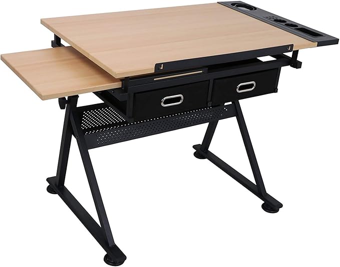 HomGarden Height Adjustable Drafting Desk Drawing Table Art Craft Work Station w/Stool, Storage Drawers for Drawing, Reading, Writing