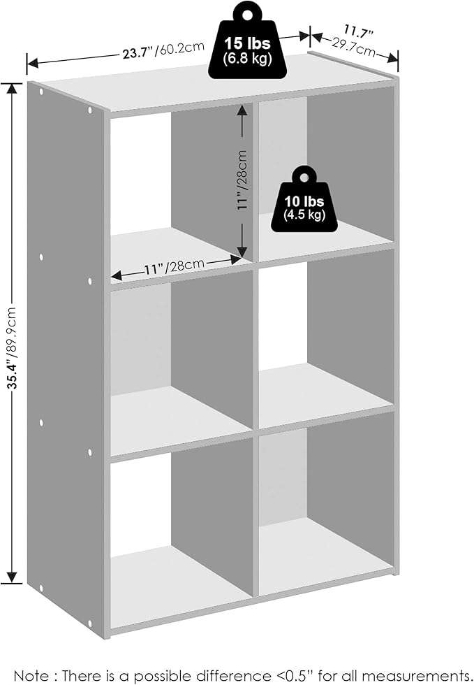 Furinno PELLI Book Shelf, 6-Cube Bookshelf, Cube Storage Organizer Bookcase, 11.7 x 23.7 x 35.4, for Living Room, Bedroom, Home Office, White