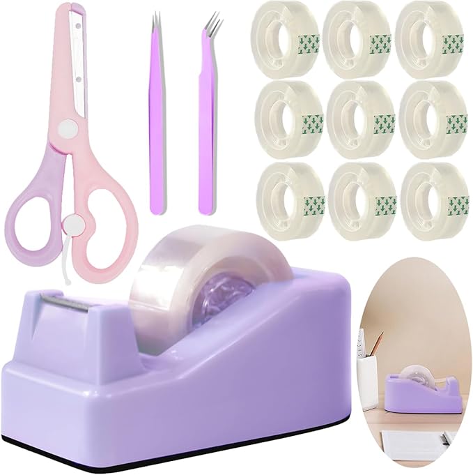 XEUZK Desktop Tape Dispenser Kits with Weighted Nonskid Base Tape Dispenser- Includes 9 Rolls of Transparent Tape(0.71 Inch x 500 inches Each) & Pink Scissors, 2 Pcs Tweezers (Purple)