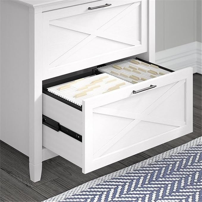 Bush Furniture Key West 48W Writing Desk with 2 Drawer Lateral File Cabinet and 5 Shelf Bookcase in Pure White Oak