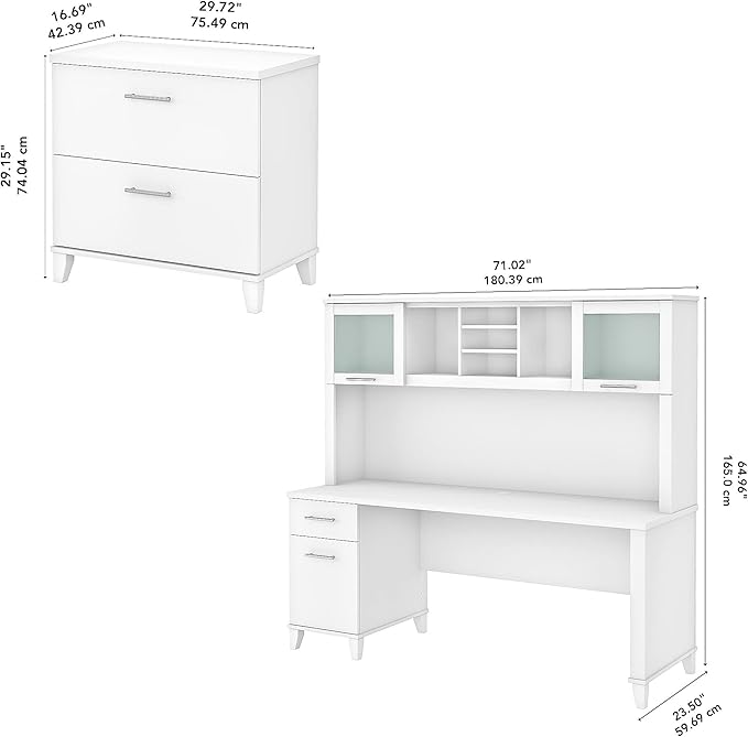 Bush Furniture Somerset 72W Office Desk with Hutch and Lateral File Cabinet in White