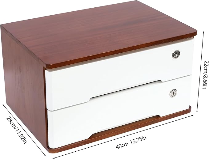 Lockable Desk Organizer Wooden Desktop Drawers Office Flat Files Storage Box Locking Countertop Storage Cabinet (Walnut + White, 2-Tier)