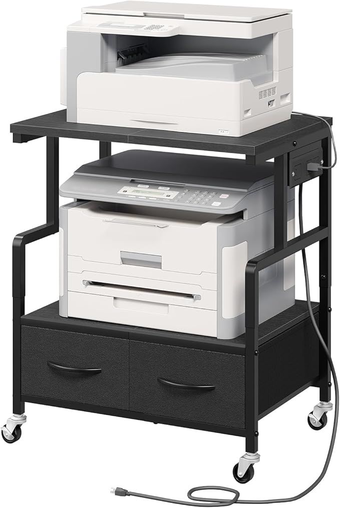 YATINEY Printer Stand, 3 Tier Printer Cart with Power Outlet and Fabric Drawers, Industrial Mobile Printer Table on Wheels, Printer Stand with Storage for Home Office, Study, Living Room PS03BB