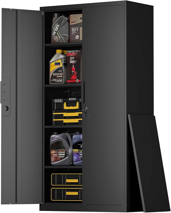 72''H Tall Metal Garage Storage Cabinet with Lock, 18'' Deep Metal Storage Cabinets with Doors and 4 Adjustable Shelves, Heavy Duty Steel Locker for Garage, Warehouse, Home Office, Black