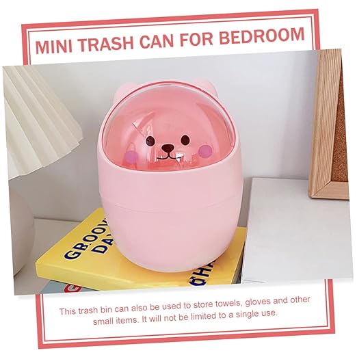 Luxshiny Cute Bear Desktop Trash Can Lid Mini Plastic Wastebasket for Home and Office Slim Garbage Bin for Bedroom and Desk