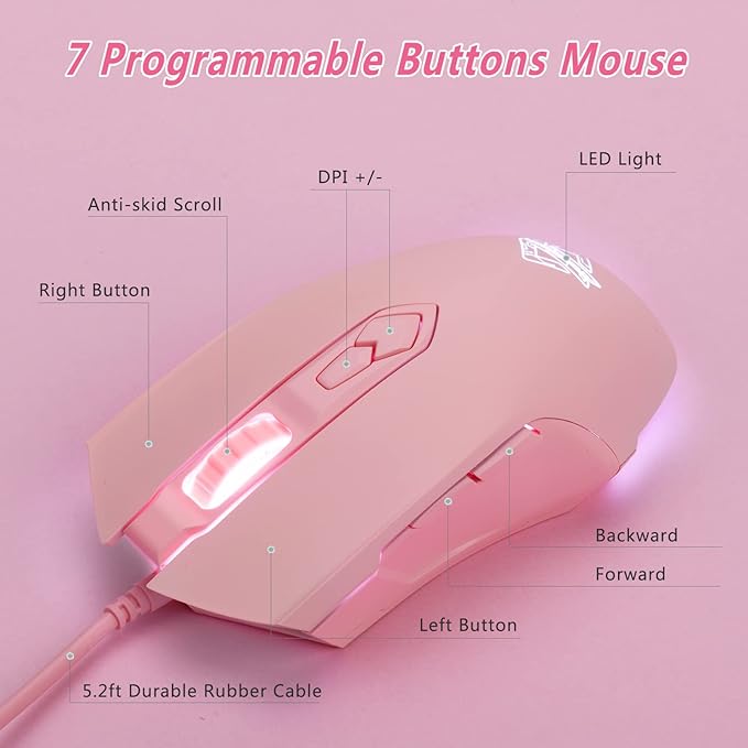 Lomiluskr AJ52 RGB Wired Gaming Mouse, 7 Programmable Buttons, Computer Mice with RGB Lighting, 200-4800 DPI Adjustable, for PC/Laptop (Pink)