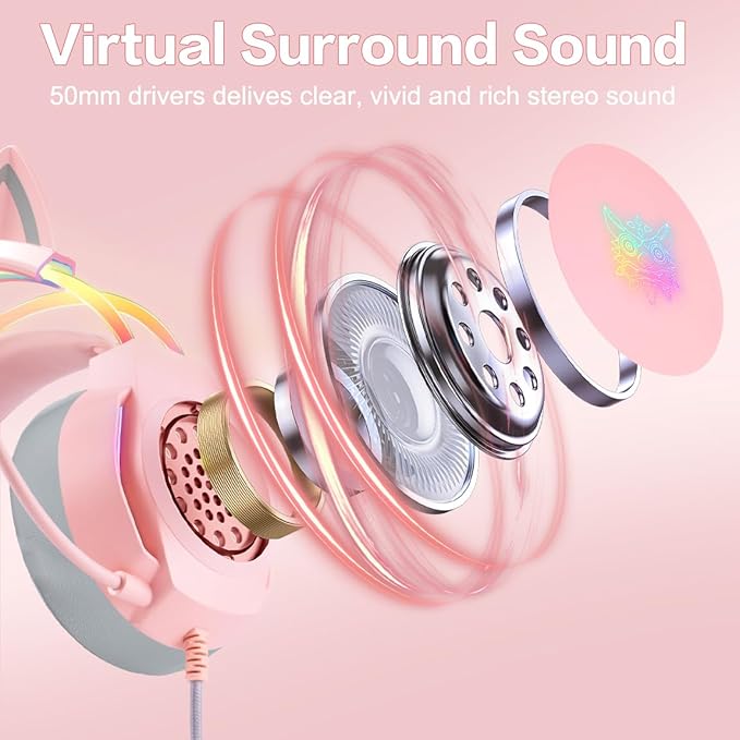 Gaming Headset with Microphone, Cat Ear Headphones for PC Laptop PS4 PS5 Xbox Switch, Rainbow RGB Lighting & Virtual Surround Sound, 3.5mm Wired Over Ear Headphones, Ergonomic