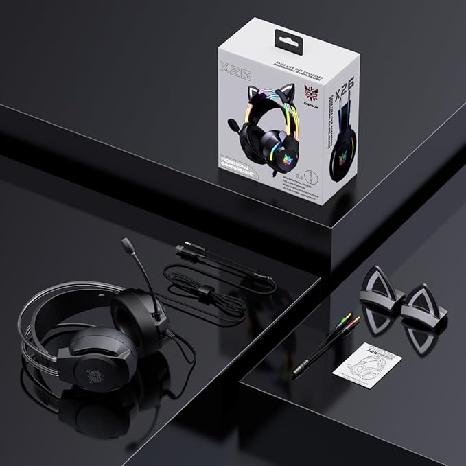 Gaming Headset with Microphone, Cat Ear Headphones for PC Laptop PS4 PS5 Xbox Switch, Rainbow RGB Lighting & Virtual Surround Sound, 3.5mm Wired Over Ear Headphones, Ergonomic