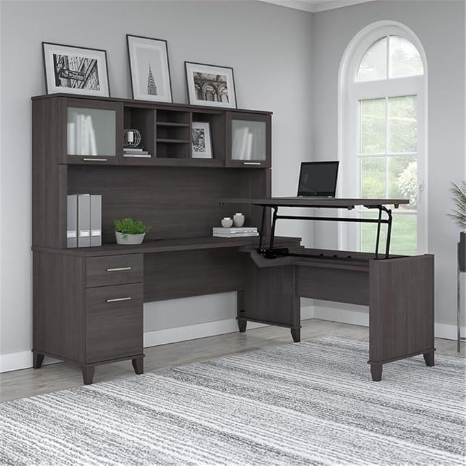 Pemberly Row 72W Sit to Stand L Shaped Desk with Hutch, Storm Gray Engineered Wood, Adjustable Heights 35-41 Inches, Frosted Glass Doors, Storage Shelves, Ergonomic Office Desk for Home or Workspace