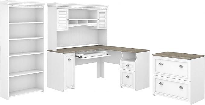 Bush Furniture Fairview 60W L Shaped Desk with Hutch, Lateral File Cabinet and 5 Shelf Bookcase in Pure White and Shiplap Gray