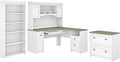 Bush Furniture Fairview 60W L Shaped Desk with Hutch, Lateral File Cabinet and 5 Shelf Bookcase in Pure White and Shiplap Gray