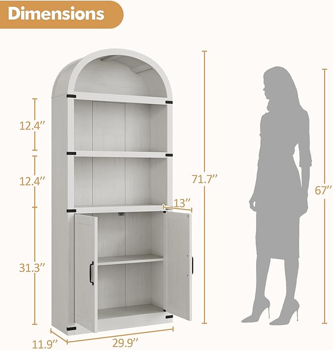 GarveeHome Bookcase with Doors Arched Bookshelf 71.65 in Tall Bookcase Farmhouse Cabinet with Shelves Wooden Bookshelves for Home Office, Living Room