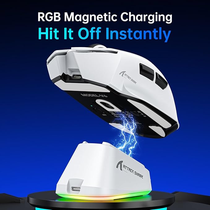 ATTACK SHARK V6 Wireless Gaming Mouse with RGB Charging Dock, 25K DPI PAW3311 Sensor, 1K Polling Tri-Mode Ergonomic PC Mice, 5 Programmable Bottons, Cloud-Based AI Driver for Win/Mac,White&Tape