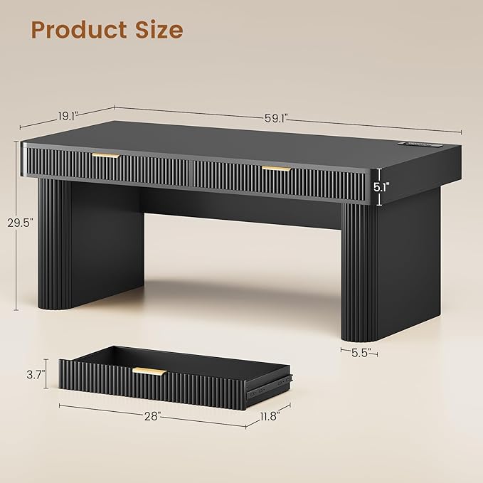 SEDETA Office Desk with 2 Drawers, 59" Fluted Computer Desk with Storage and Power Strip, Wood Executive Desk, Writing Desk for Home Office, Living Room, Bedroom, Black
