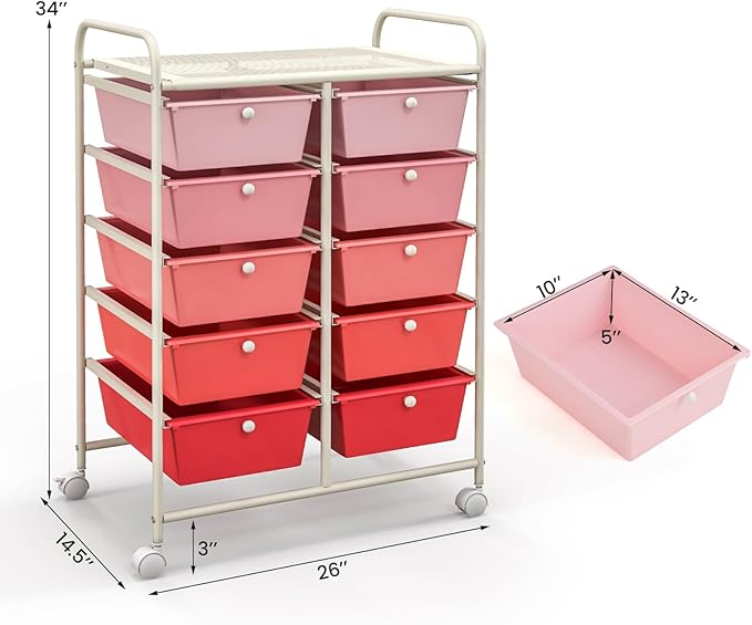 Moccha 10-Drawer Rolling Storage Cart - Under Desk Storage Drawers with wheels for Craft Art Supply Paper Salon, Scrapbook Paper Tools, Mobile Utility Cart for Classroom, Gradient Pink