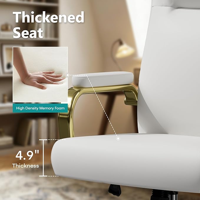 White and Gold Office Desk Chair Memory Foam, High Back Leather Executive Office Chair with Wheels and Arms for Women Girls Teens Adults