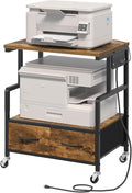 YATINEY Printer Stand, 3 Tier Printer Cart with Power Outlet and Fabric Drawers, Industrial Mobile Printer Table on Wheels, Printer Stand with Storage for Home Office, Study, Living Room PS03BR