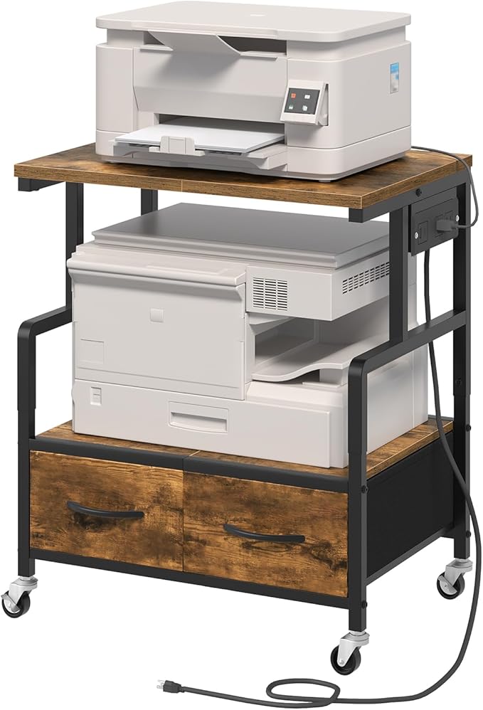 YATINEY Printer Stand, 3 Tier Printer Cart with Power Outlet and Fabric Drawers, Industrial Mobile Printer Table on Wheels, Printer Stand with Storage for Home Office, Study, Living Room PS03BR