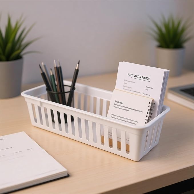 Plastic Trays For Organizing, 12 Pcs Storage Bins, Stackable Drawer Pencil Trays, Slim Plastic Storage Baskets, White Desktop Storage Box, 10.2 X 3.1 X 2.4 In