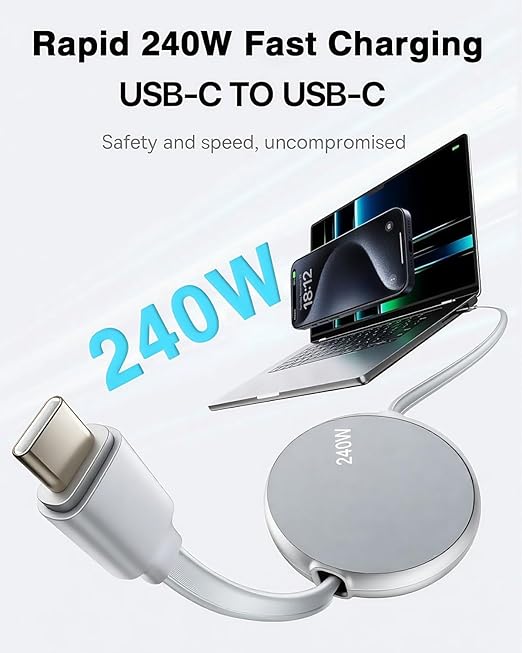 240W USB C to USB C Cable, Retractable usb c Cable Fast Charger Lead,Short Type-C Car Charging Wire for MacBook Pro/Air,IPhone 17/16 Pro Max/15Plus/17e,iPad,Samsung Galaxy,Google Travelling Essentials