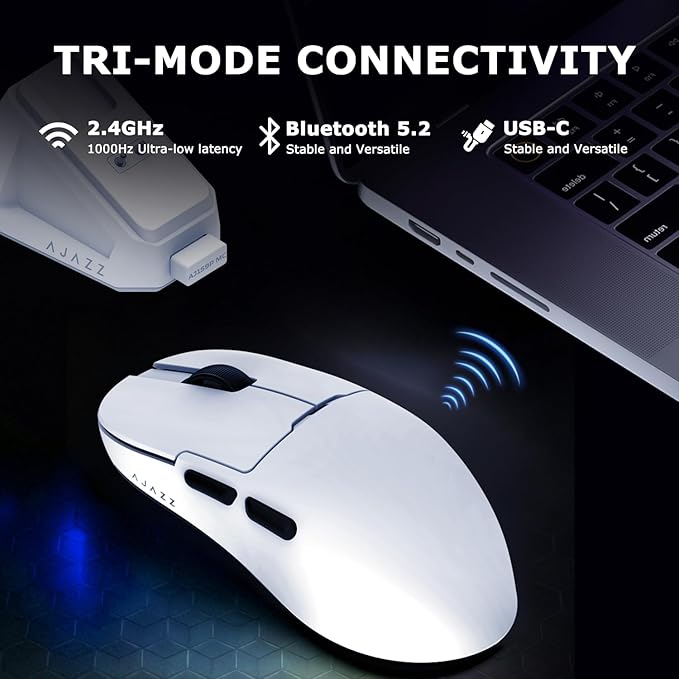 AJ159P MC Wireless Gaming Mouse, 12000 DPI, Tri-Mode 2.4G/Bluetooth/Wired, Magnetic RGB Charging Dock, 56g Ultra-Light, Programmable 6 Buttons - Perfect for Gaming, Work & Travel (White)
