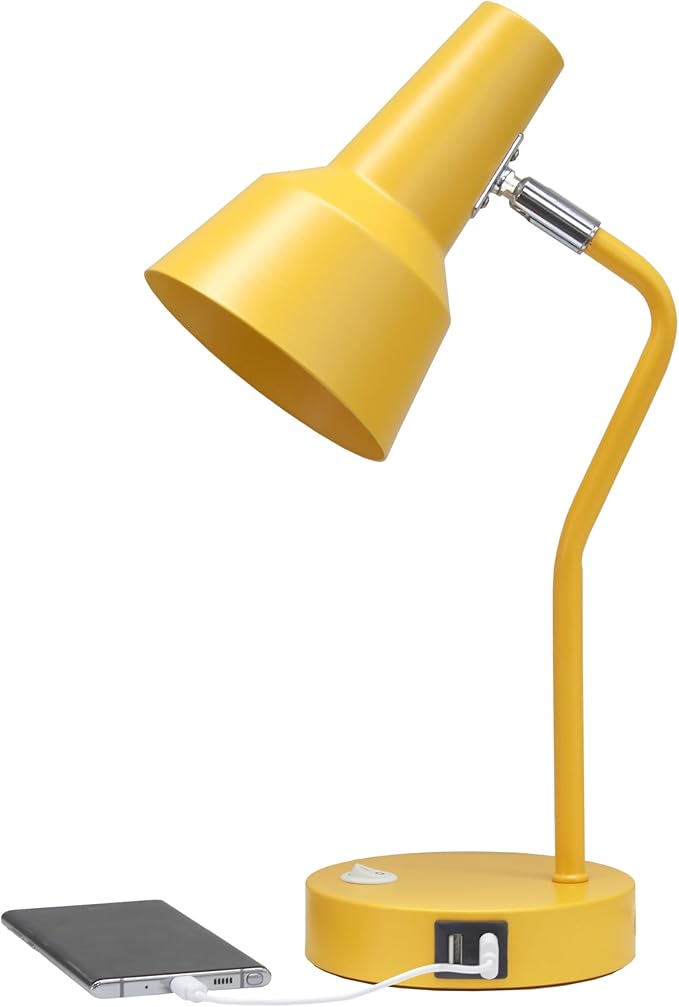 Simple Designs LD1072-YLW 15.2" Sleek Essentials Metal Cone Shade Desk Lamp with Adjustable Shade and Dual USB Ports, for Office, Desk, Nightstand, Dorm, Yellow