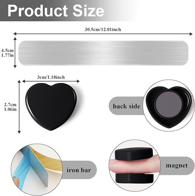Magnetic Board for Wall, 4Pcs Stainless Iron Magnetic Strips with Adhesive Backing, Magnet Bulletin Board for Wall, Small Memo Board with 10 Black Heart Magnets for Home, Kitchen, Classroom,DIY