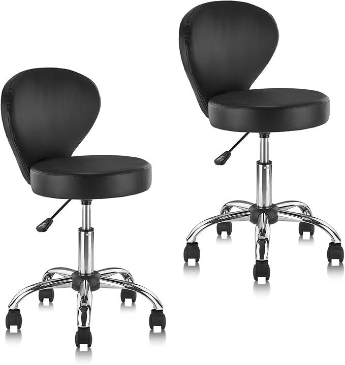 KLASIKA Leather Rolling Salon Stool with Back Support and Wheels Adjustable Height Swivel Spa Stools for Office Massage Facial Medical Drafting Tattoo Beauty Barber Lab Doctor Tattoo, Black, 2 Pack