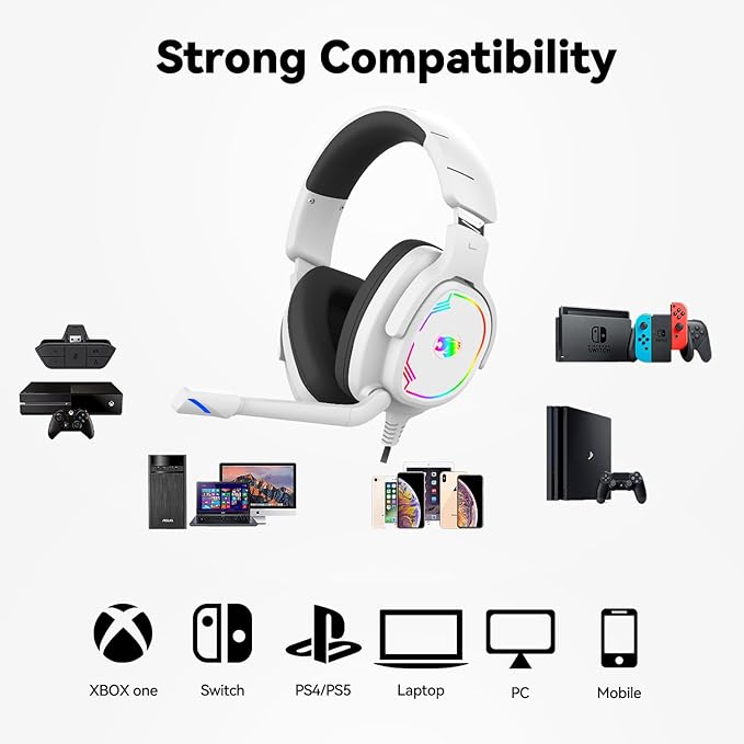 Jimonyer Gaming Headset for PC/PS4/PS5/Xbox One/Switch, Stereo Surround Sound Gaming Headphones with Noise Canceling Flexible Mic, Computer Headset with 3.5mm Jack & RGB Light(White)