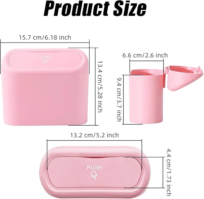 Car Small Trash Can with Lid, Leakproof Mini Car Garbage Can, Waterproof Push Button Easy Empty, Suitable for Desktop Office Bedroom Dorm Home Vehicle with 75 PCS Plastic Trash Bag (Pink)