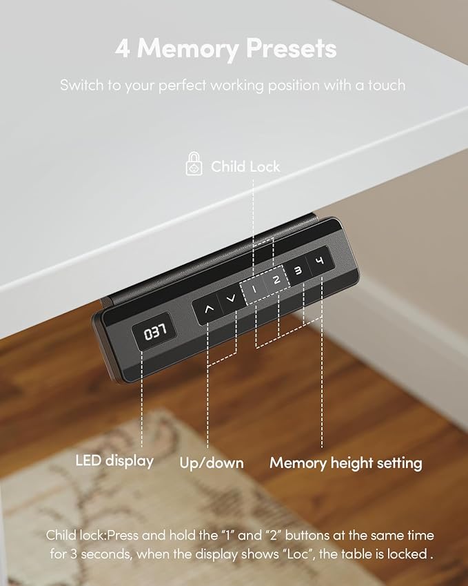 CubiCubi 32 x 20 Small One-Piece Standing Desk, Adjustable Height Electric Computer Sit Stand up Home Office Workstation, with 4 Memory Presets, Headphone Hook, White
