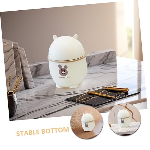 Uonlytech Cute Mini Desktop Trash Can with Lid Slim Plastic Waste Bin for Office Kitchen and Bathroom Cartoon Design White Color 5L Capacity